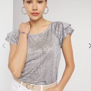 NWT - WHBM Palm Frond Foil Silver Crew Neck Flutter Sleeve Women’s Shirt